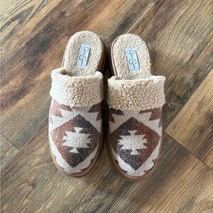 Jessica Simpson Geometric Cream and Brown Mules